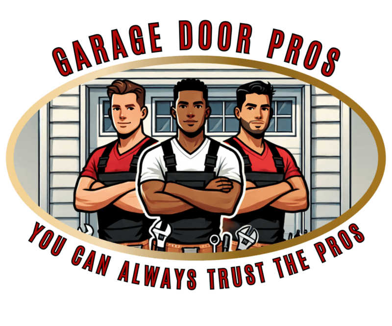 Garage door pro logos with 3 cartoon men