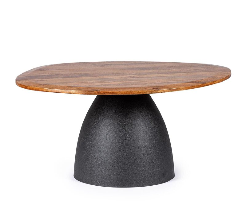 Tavolo moderno con piano in legno e base in pietra, perfetto per arredare ambienti di stile.