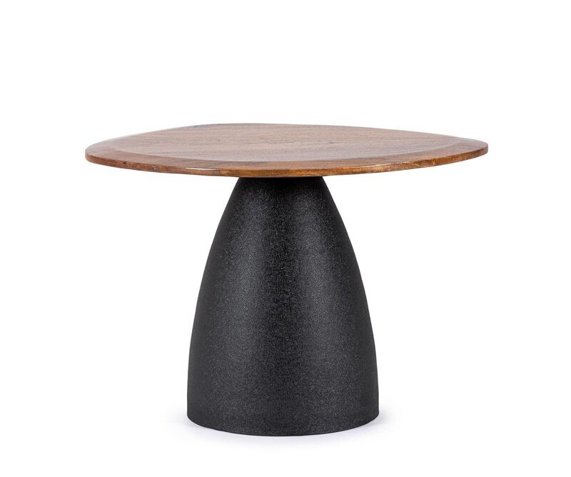 Tavolo di design con piano in legno e base in cemento nero, elegante e contemporaneo.