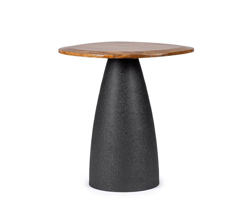Tavolo da soggiorno con piano in legno e base in metallo nero resistente. Stile moderno e robusto.