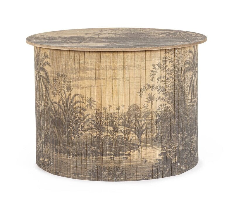 Tabella decorativa in legno con paesaggi tropicali e motivi esotici, perfetta per arredi eleganti e originali.