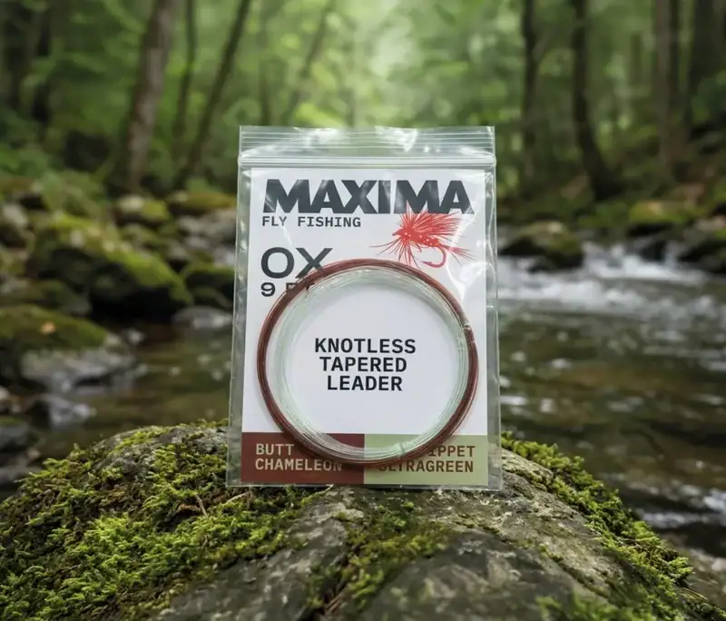 Maxima Fly Fishing knotless tapered leader package with a tied fly on a mossy rock beside a stream