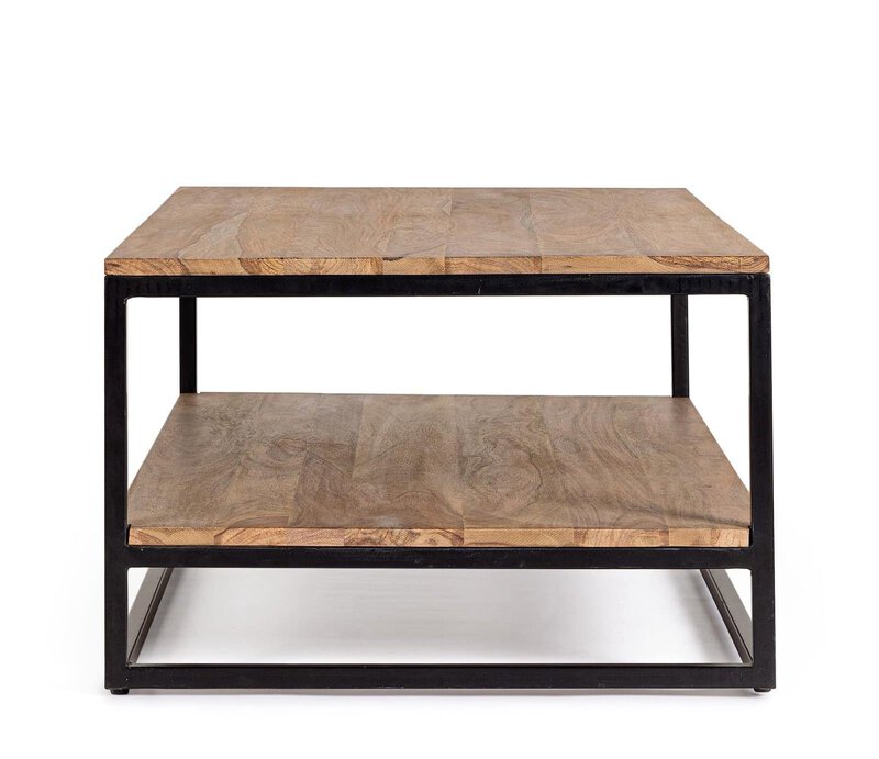 Tavolino moderno in legno massello con struttura in metallo nero, design elegante e versatile.