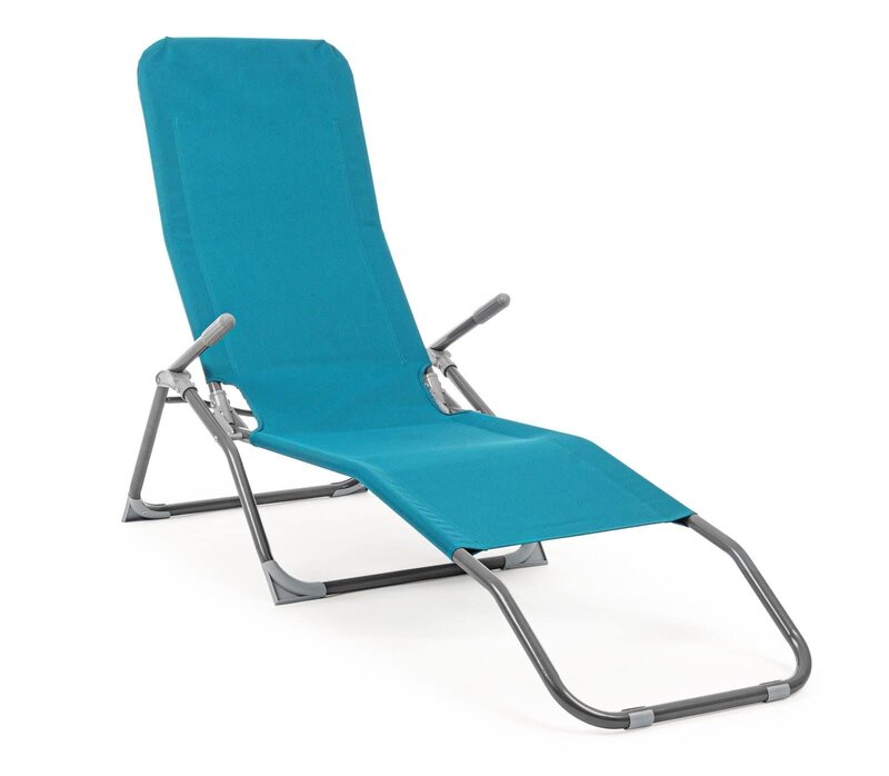 Sdraio da spiaggia trasportabile in tessuto blu, perfetta per il giardino o la spiaggia.