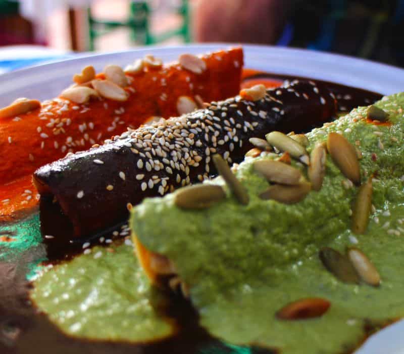 red, black and green mole enchiladas in oaxaca city