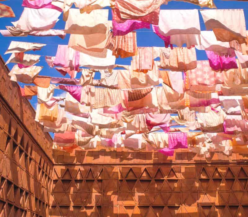 pieces of fabric blowing in the wind at Oaxaca Textile Museum in Oaxaca City