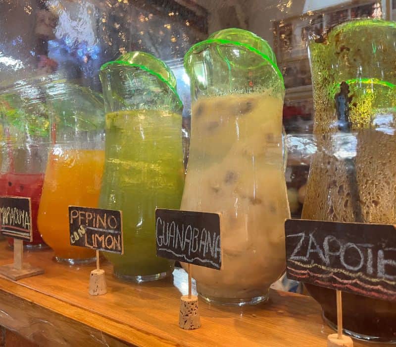 colorful fruit waters at Aguas Casilda Oaxaca