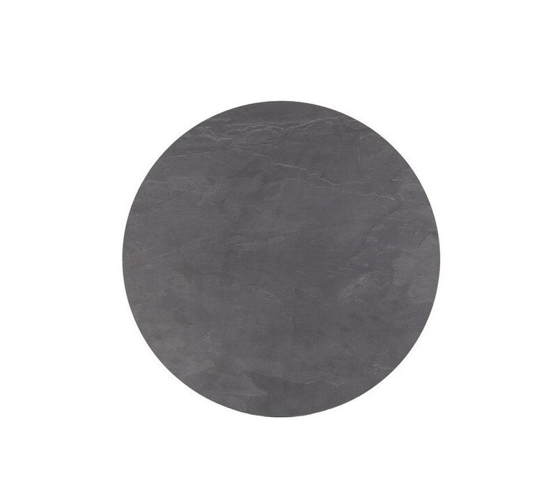 Grey circular stone disc with subtle veining on a white background, like a slate coaster or decorative plate