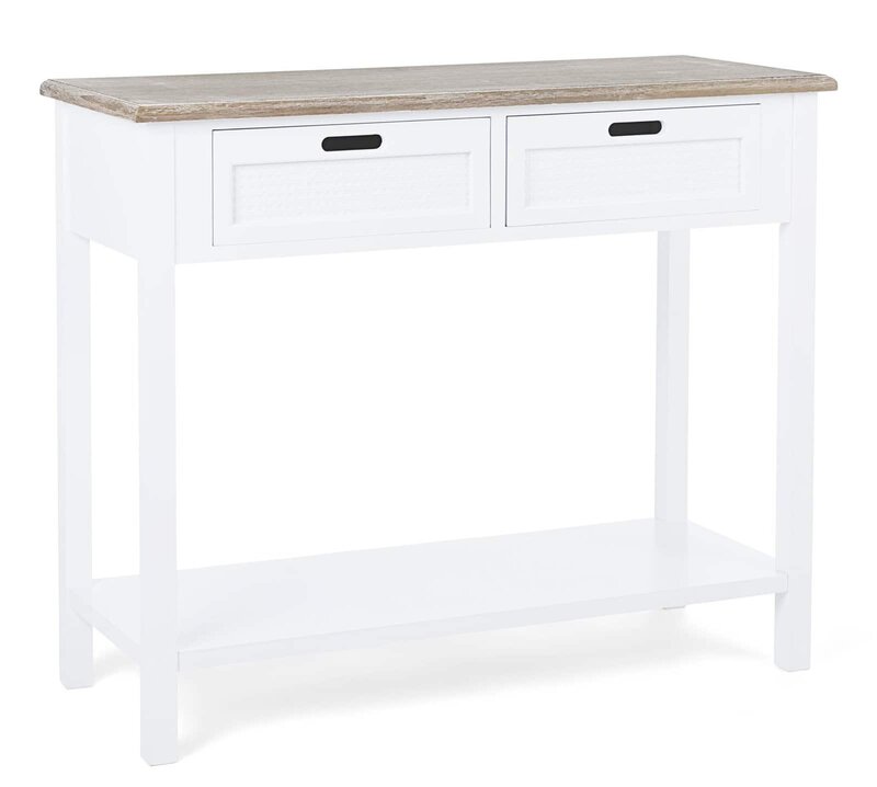 Tavolo da soggiorno bianco con cassetti, design rustico, mobile soggiorno originale e funzionale.
