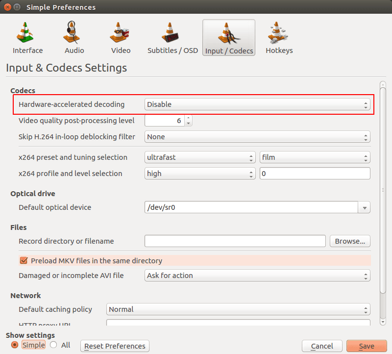 Disable Hardware Acceleration VLC