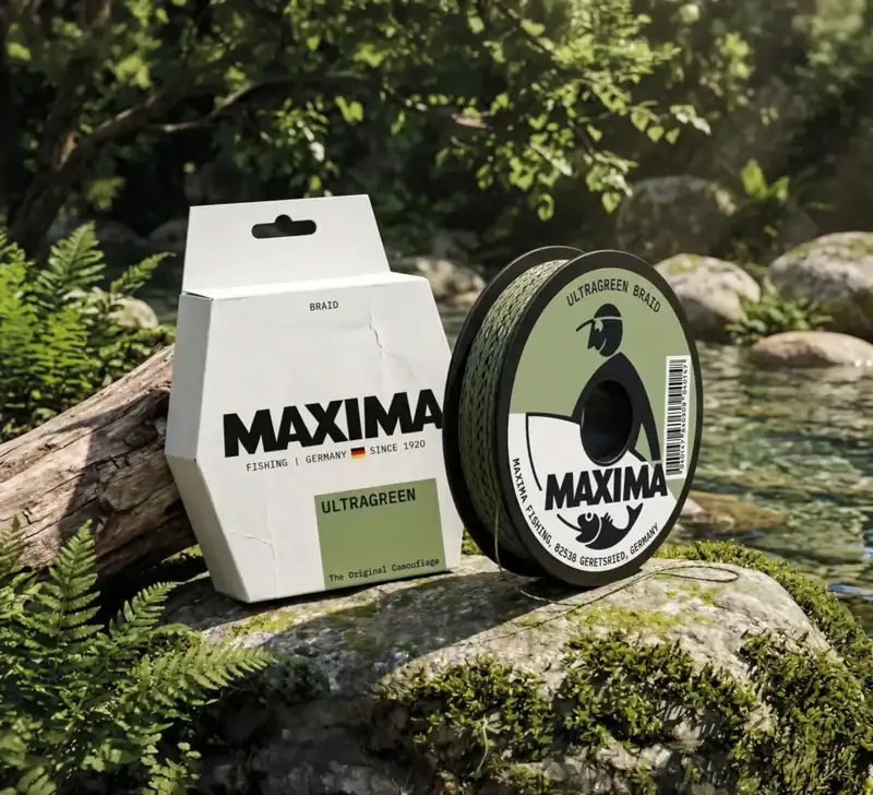 Maxima Ultragreen braid fishing line spool and box on rocks in a green forest setting