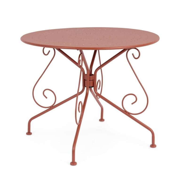 Tavolo da giardino in ferro battuto con piano perforato, stile classico ed elegante.