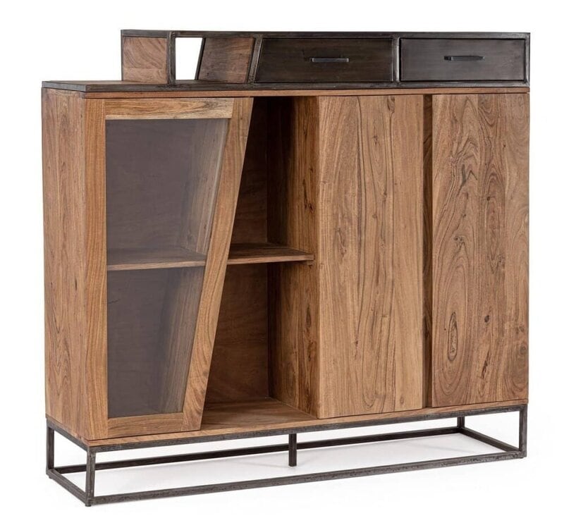 Comò in legno con porta in vetro e cassetti in stile moderno e raffinato.