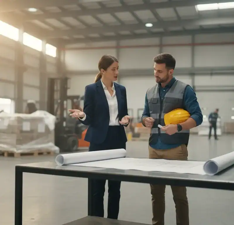 Staffing consultant and warehouse manager reviewing documents on an industrial floor