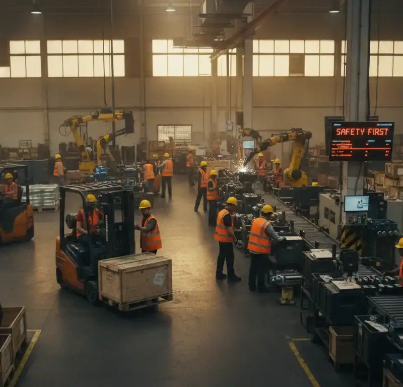 Manufacturing workers handling materials on a busy warehouse floor