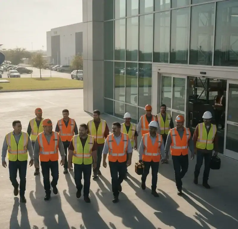 Warehouse workers in safety vests walking into a distribution center in Dallas-Fort Worth