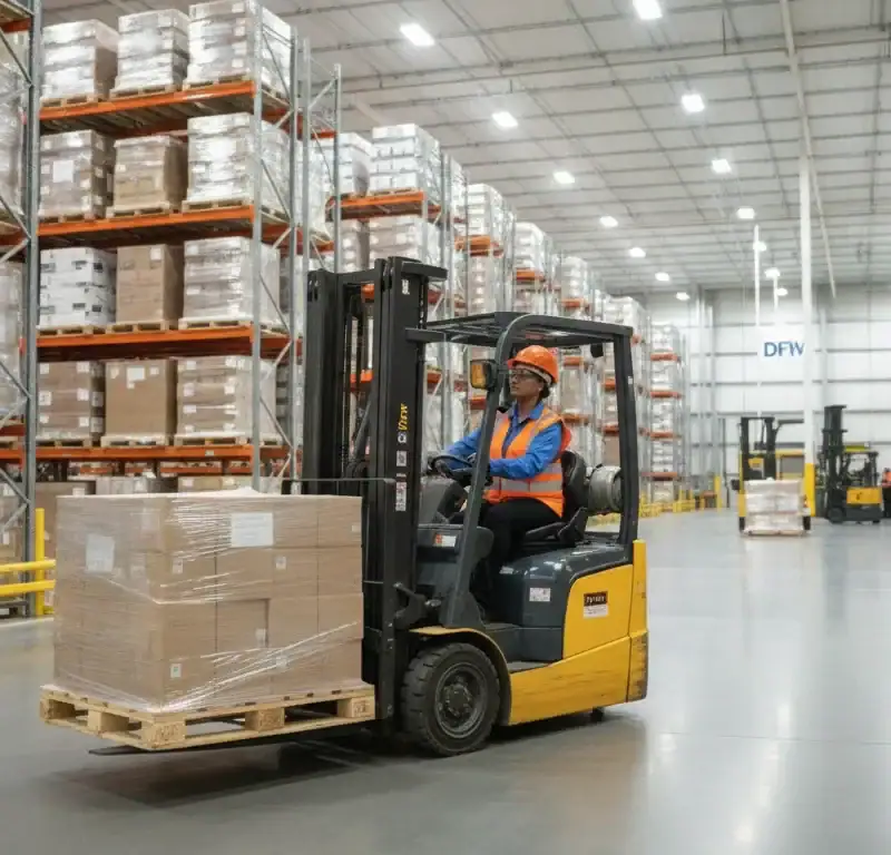 Warehouse worker in orange vest operating forklift in DFW distribution center