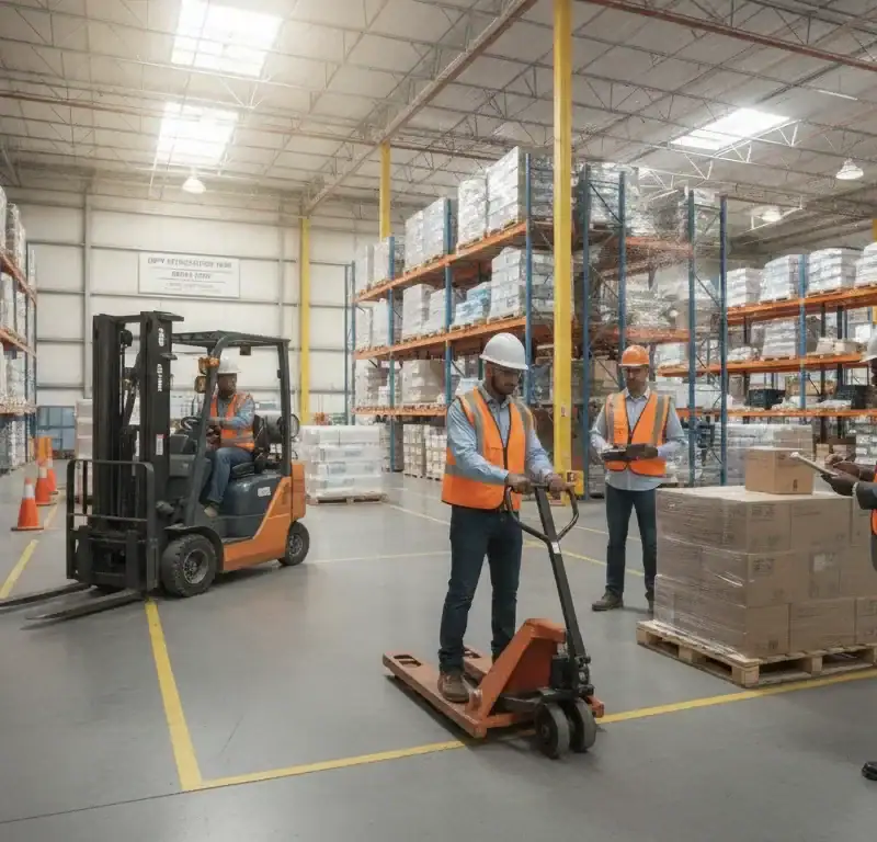 Warehouse workers in safety vests performing skills assessment in a DFW distribution center