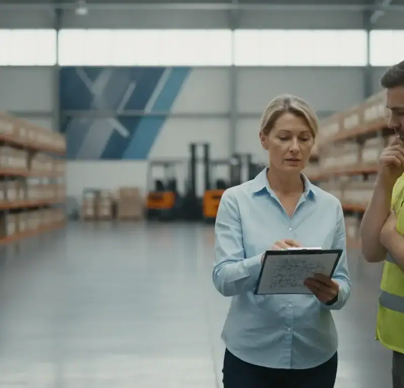 Warehouse manager discussing staffing paperwork with a worker on an organized warehouse floor