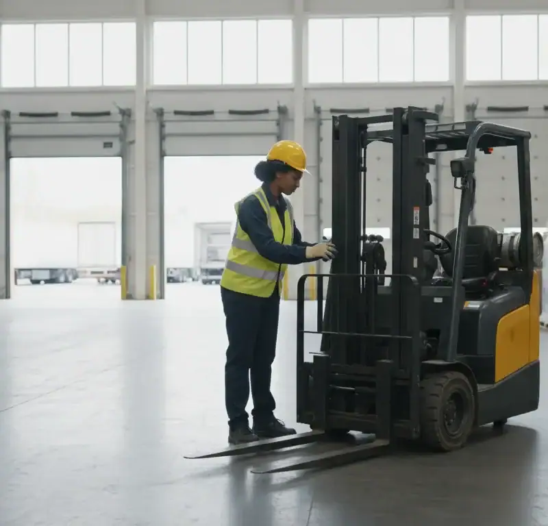 Forklift operator inspecting equipment in a South Dallas warehouse