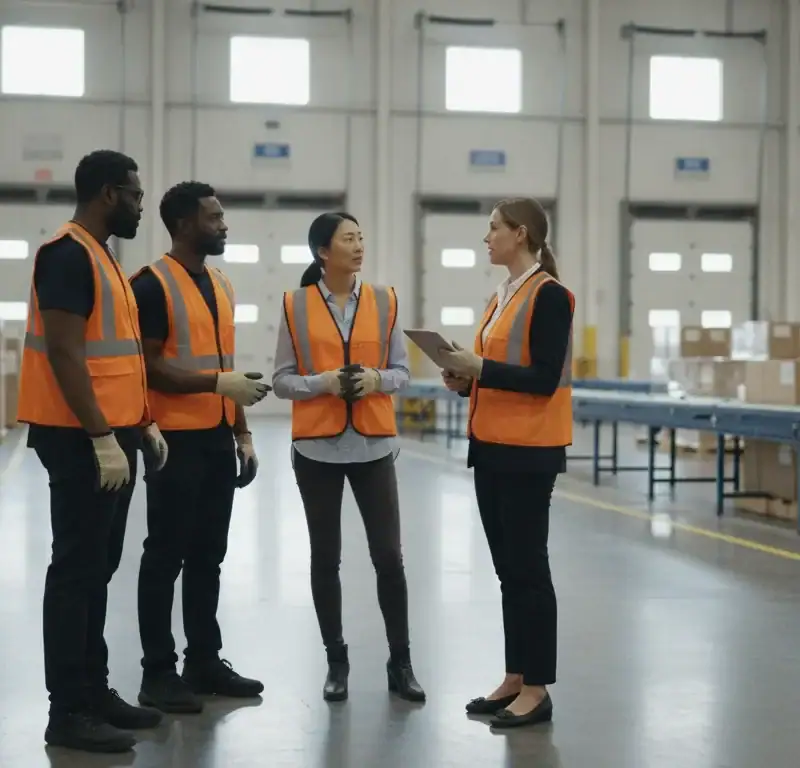 Warehouse job seeker speaking with a staffing professional in a DFW distribution center