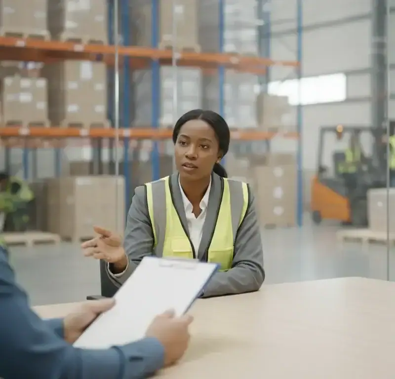DFW staffing consultant and warehouse manager discussing a light industrial staffing contract