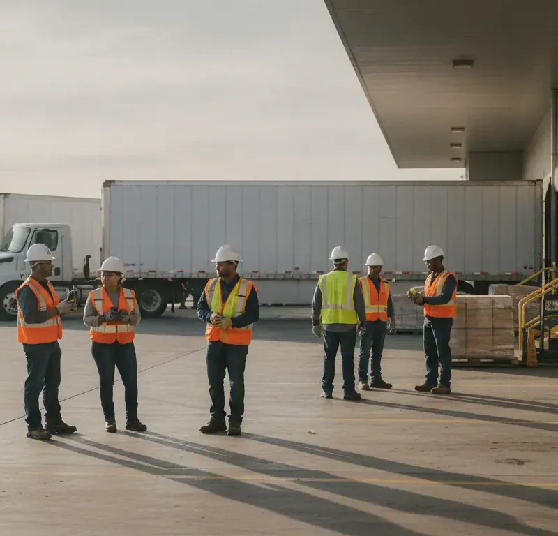 DFW transportation staffing team preparing near a warehouse loading dock