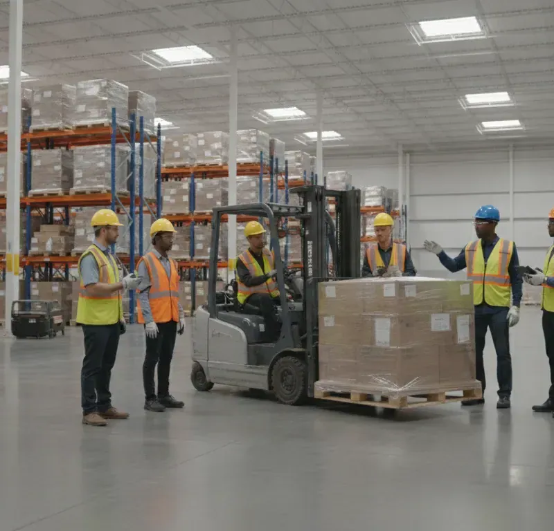 Diverse warehouse staffing team working safely in a DFW distribution center