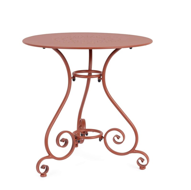 Tavolo rotondo in ferro battuto con design elegante, ideale per esterni e patio.