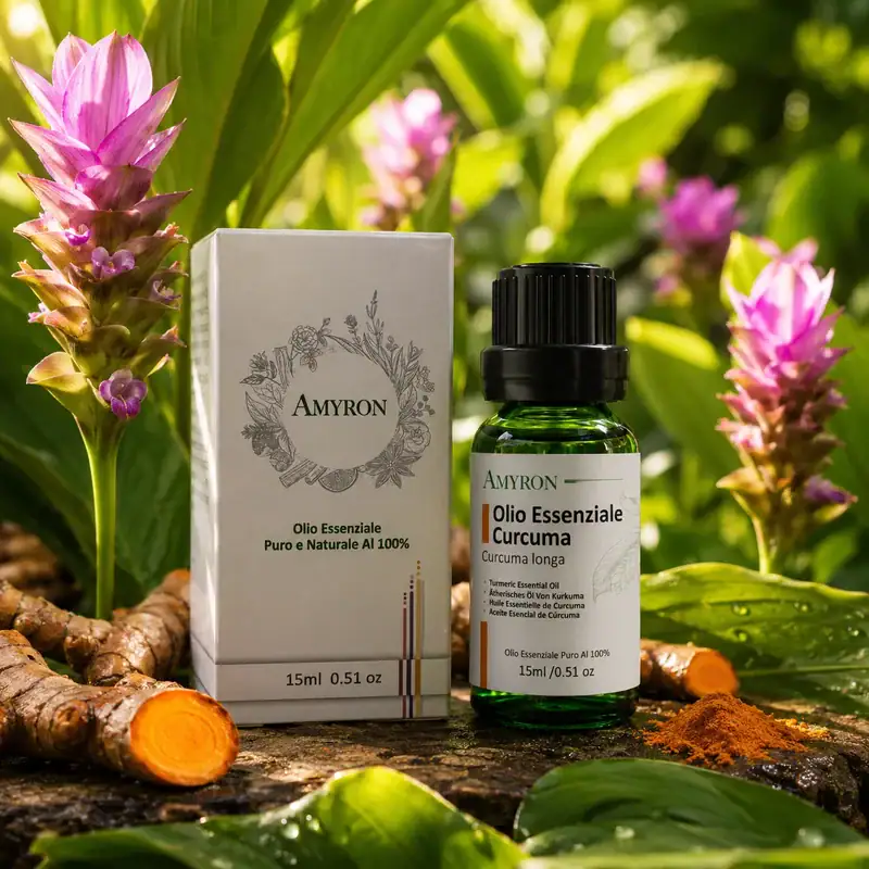 Olio essenziale di Curcuma AMYRON 15 ml con confezione e pianta di Curcuma longa