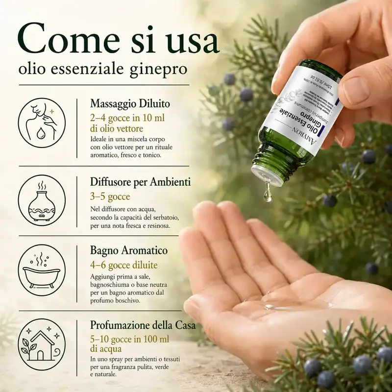 Come usare l’olio essenziale di ginepro AMYRON per massaggio, diffusore, bagno e profumazione della casa