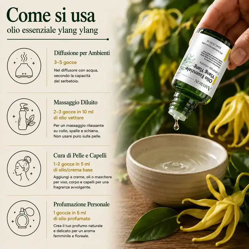 Come usare olio essenziale ylang ylang in diffusore, aromaterapia, massaggio, pelle e capelli