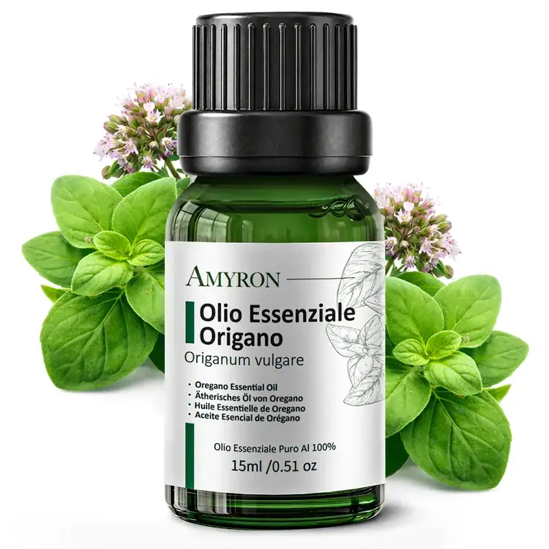 Olio essenziale di origano puro 100% naturale AMYRON in flacone da 15 ml con foglie di origano