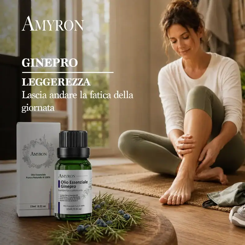 Donna seduta che si massaggia la gamba accanto all’olio essenziale di ginepro AMYRON
