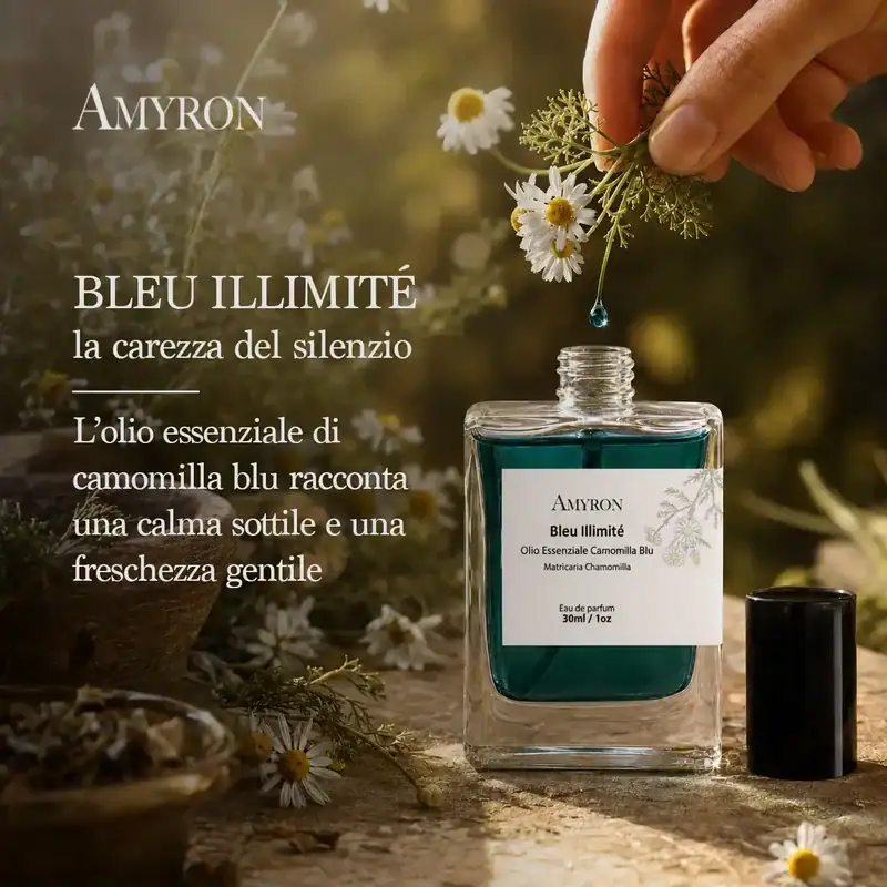 Profumo Bleu Illimité AMYRON con olio essenziale di camomilla blu e goccia aromatica