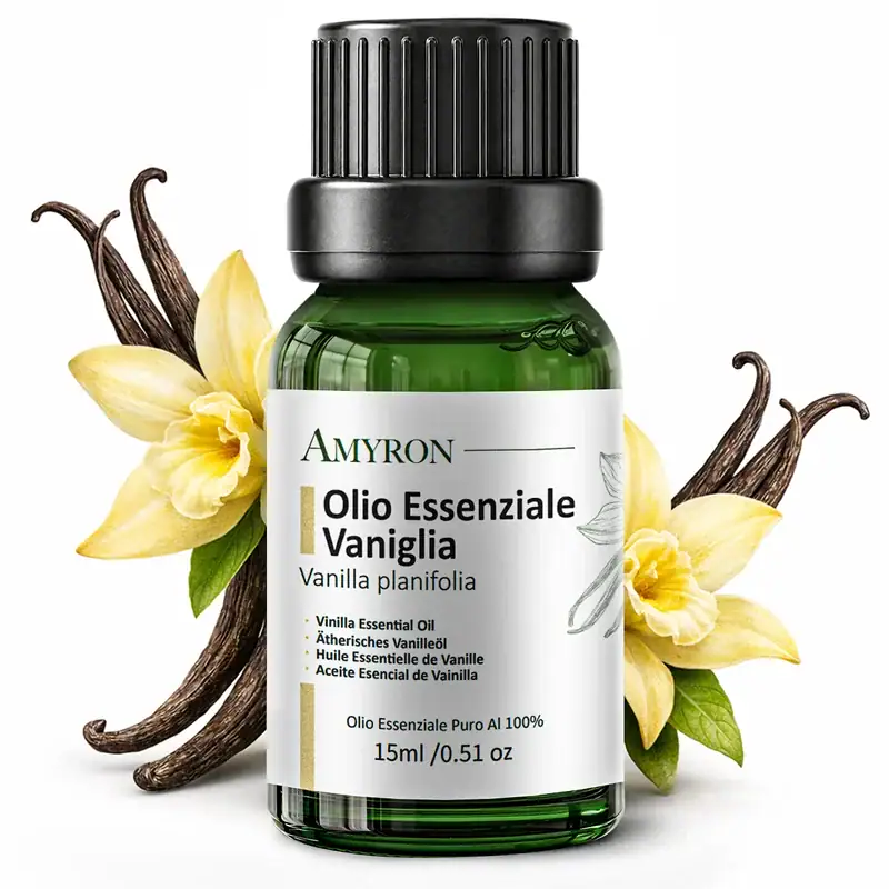 Flacone di olio essenziale di Vaniglia Bourbon AMYRON ottenuto da Vanilla planifolia del Madagascar