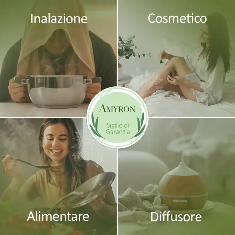 Amyron olio essenziale di cajeput, immagine usi per inalazione, cosmetico, alimentare e diffusore