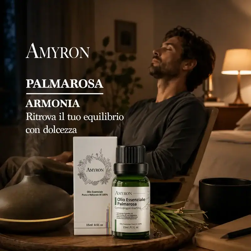 Uomo rilassato durante un rituale di aromaterapia con olio essenziale di Palmarosa AMYRON