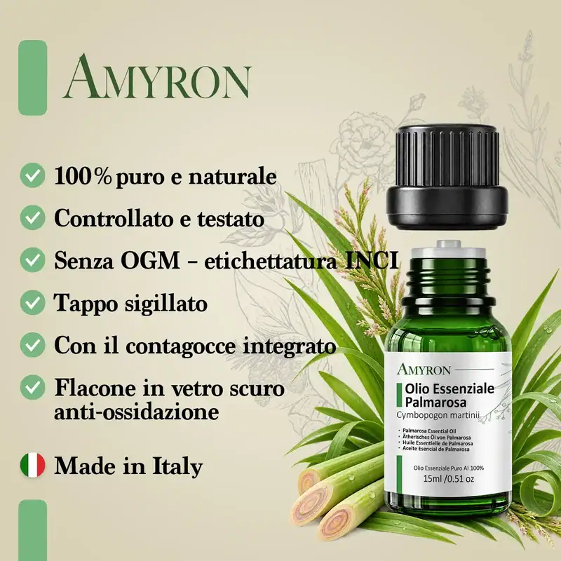 Proprietà e caratteristiche dell’olio essenziale puro di Palmarosa AMYRON da 15 ml