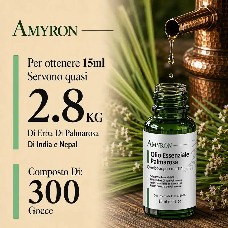 essenziale di Palmarosa con distillatore, pianta e flacone AMYRON da 15
