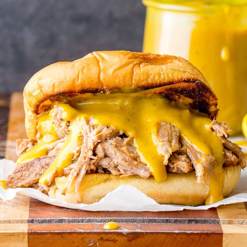 Carolina Mustard BBQ Sauced on pulled pork sandwich