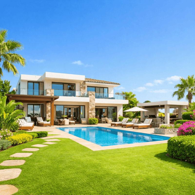 A luxurious modern residential villa with a swimming pool and lush garden.