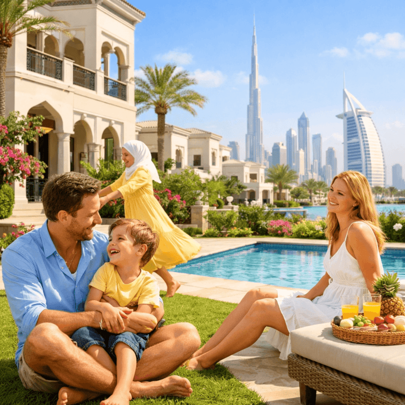 A happy family enjoying their home with the Dubai skyline, including Burj Khalifa, in the background.