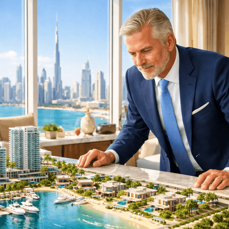 A global investor examining a detailed model of a luxury property development in Dubai.