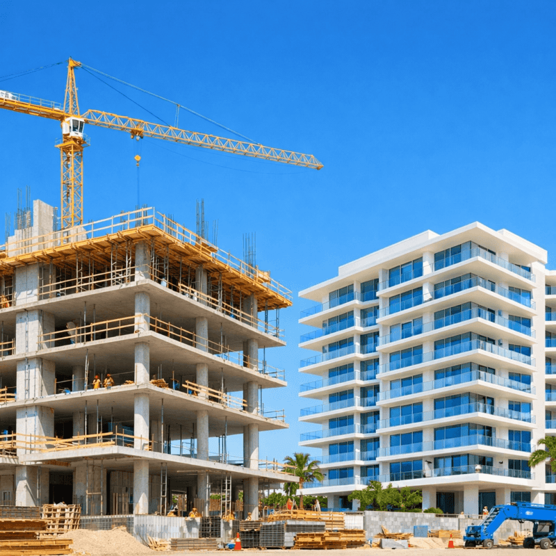 A modern, high-end residential building under construction next to a completed building under a clear sky.