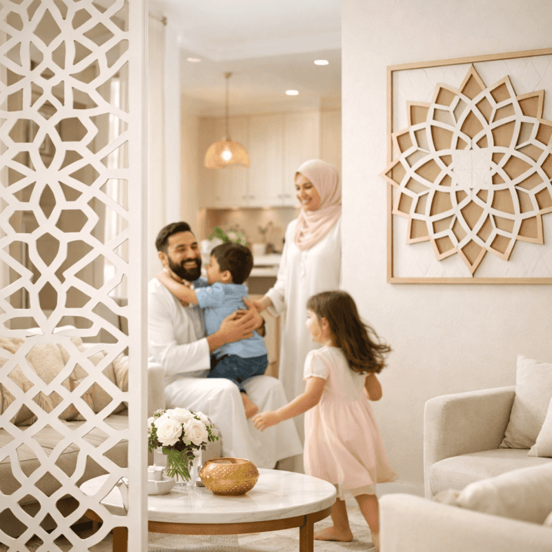 A family in a modern home with subtle Islamic architectural design elements, enjoying a peaceful moment.