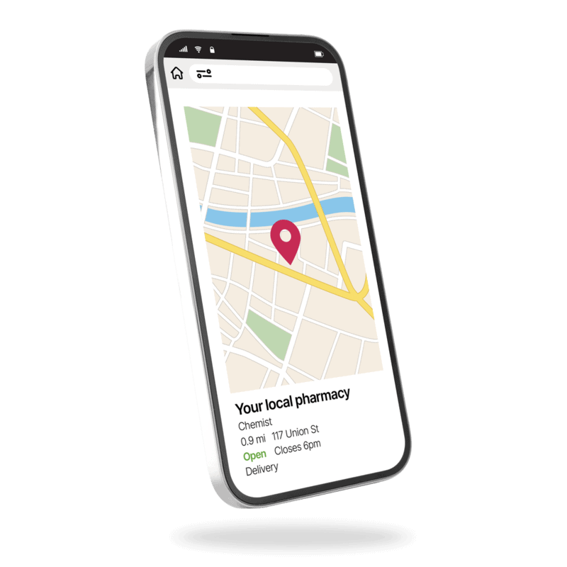 Mobile app showing a map with a nearby pharmacy location, including address, distance, and opening hours