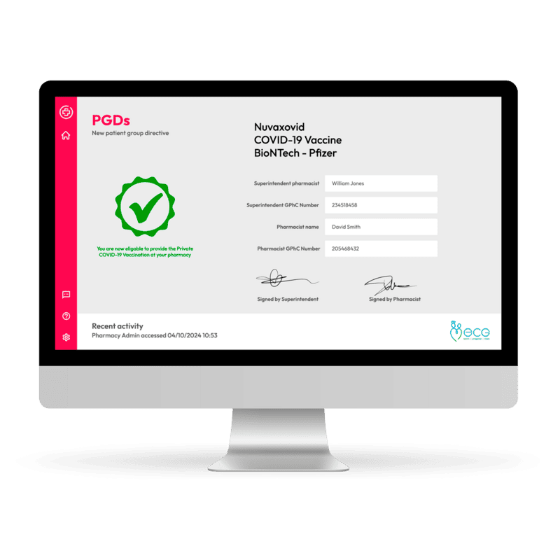 PGD platform screen showing pharmacist eligibility for private COVID-19 vaccination services, with secure signatures and recent activity log