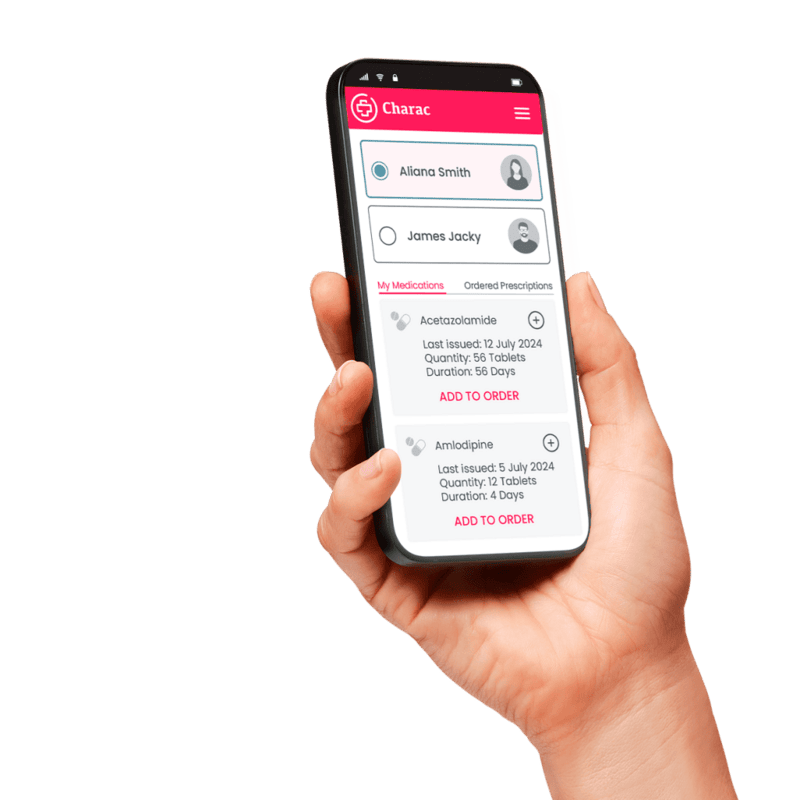 Charac mobile app showing patient medication management and repeat prescription ordering