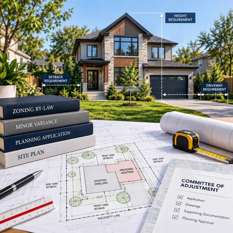 Residential property with architectural site plans showing zoning setbacks and a proposed addition